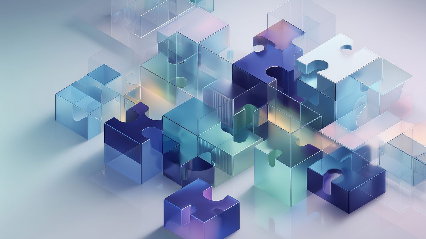 Symbolbild: 3D-Grafik Puzzle-Teile, die die Zusammenstellung von HubSpot Hubs für Mid-Market-Unternehmen visualisieren