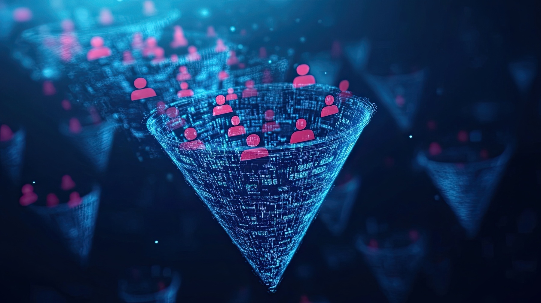 Symbolbild für erfolgreiche Leadgenerierung mit HubSpot – KI-Bild mit visualisiertem Trichter mit Silhouetten von Personen