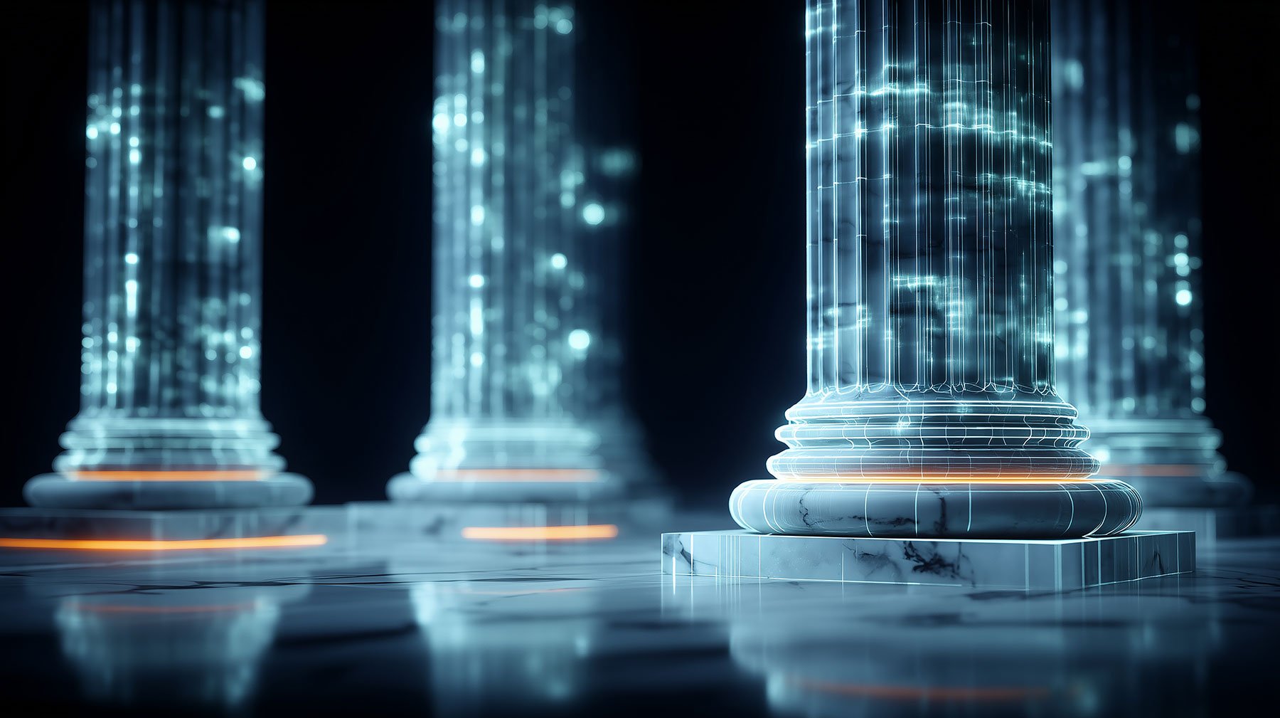 Digital anmutende Säulen eines Tempels, die die Wichtigkeit eines stabilen CRM-Fundaments visualisieren