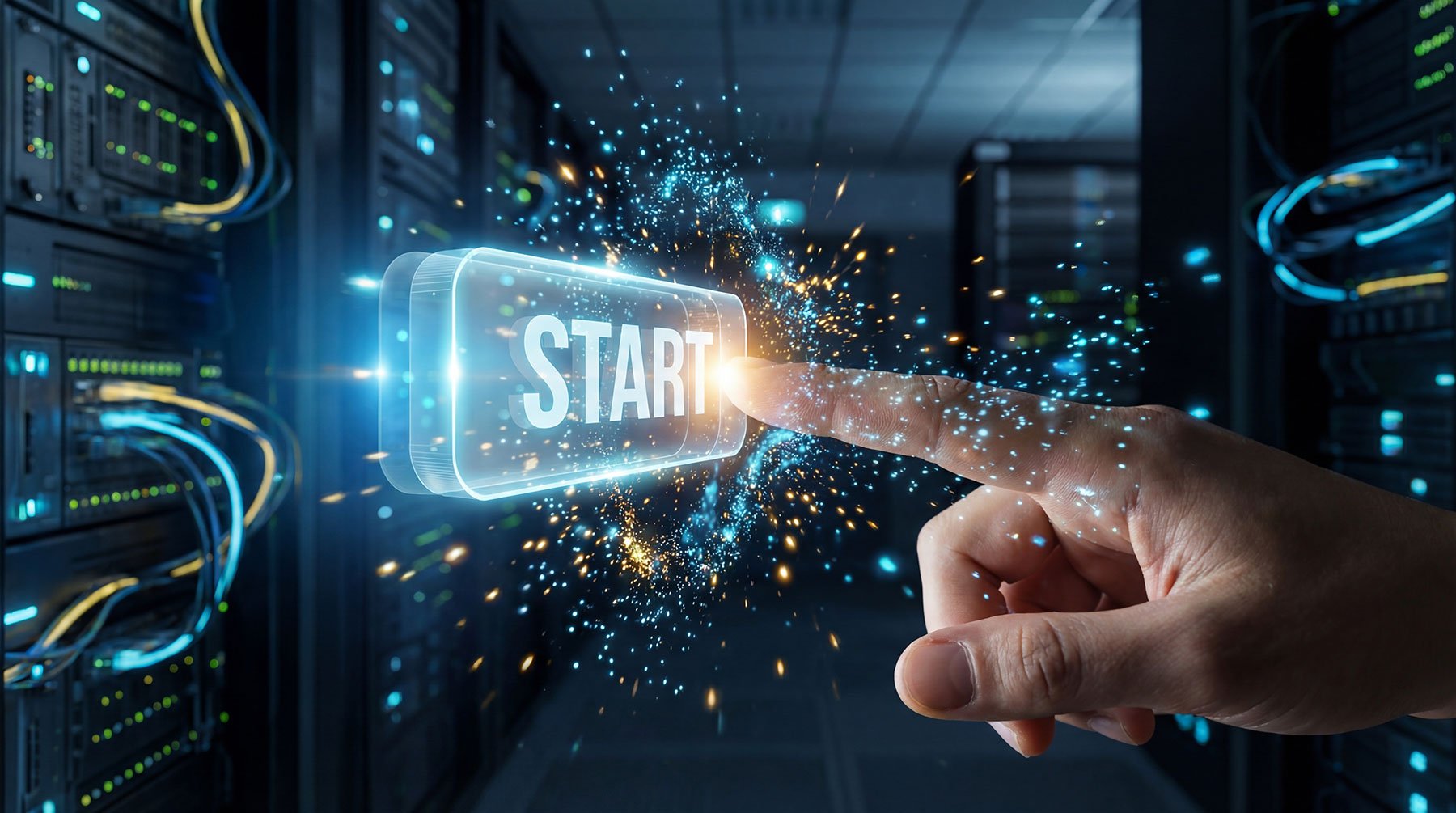 Symbolbild, um Start mit der Software HubSpot zu visualisieren: Man drückt auf virtuellen Start-Button