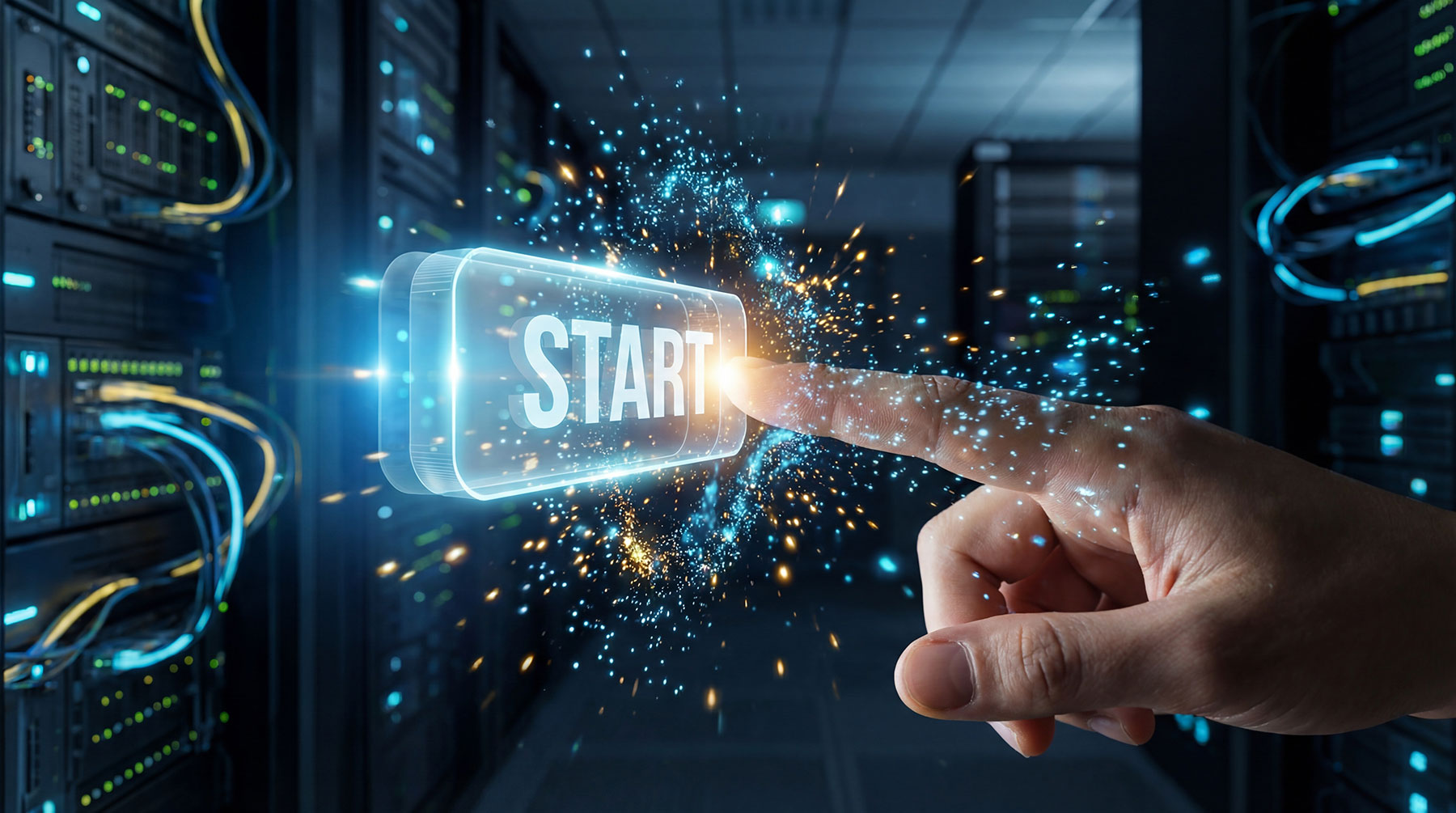 Symbolbild, um Start mit der Software HubSpot zu visualisieren: Man drückt auf virtuellen Start-Button
