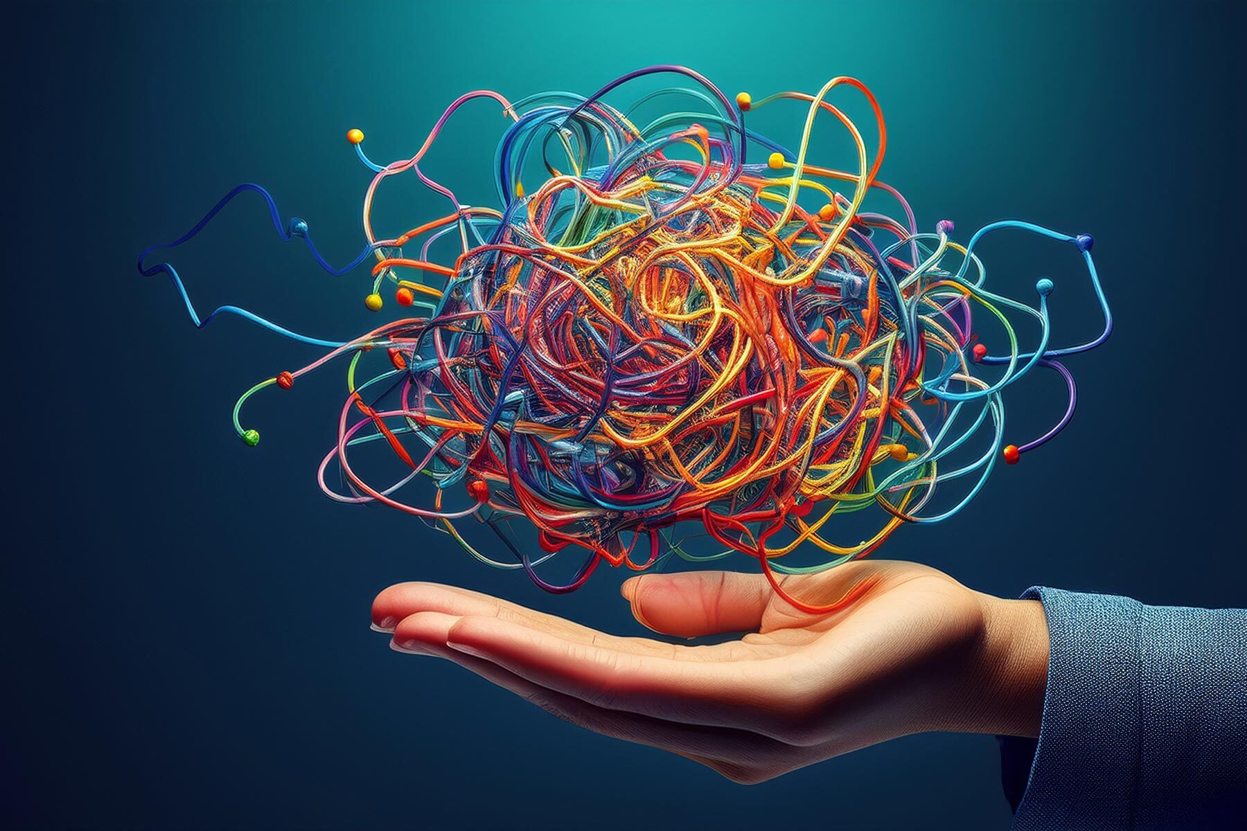 Symbolbild: Hand hält Knäuel aus verworrenen Kabeln, die Workflow-Chaos in HubSpot symbolisieren sollen